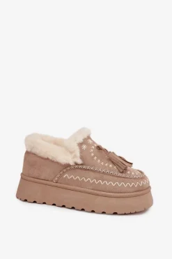 Best Boto Śniegowce Damskie Na Platformie Z Futerkiem I Frędzlami Beżowe Ferayne Beżowy