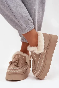 Best Boto Śniegowce Damskie Na Platformie Z Futerkiem I Frędzlami Beżowe Ferayne Beżowy
