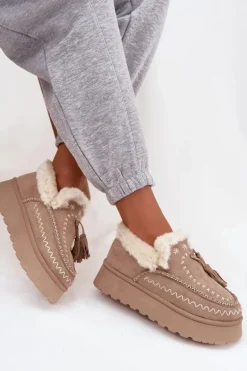 Best Boto Śniegowce Damskie Na Platformie Z Futerkiem I Frędzlami Beżowe Ferayne Beżowy