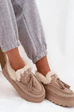 Best Boto Śniegowce Damskie Na Platformie Z Futerkiem I Frędzlami Beżowe Ferayne Beżowy