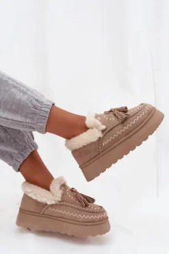 Best Boto Śniegowce Damskie Na Platformie Z Futerkiem I Frędzlami Beżowe Ferayne Beżowy