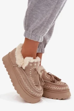Best Boto Śniegowce Damskie Na Platformie Z Futerkiem I Frędzlami Beżowe Ferayne Beżowy