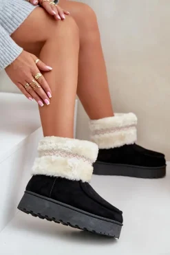 Śniegowce Damskie Na Platformie Z Futerkiem I Wzorem Czarne Deepanti Damskie Śniegowce Damskie