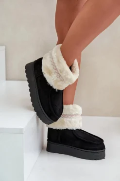 Śniegowce Damskie Na Platformie Z Futerkiem I Wzorem Czarne Deepanti Damskie Śniegowce Damskie