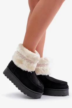 Śniegowce Damskie Na Platformie Z Futerkiem I Wzorem Czarne Deepanti Damskie Śniegowce Damskie