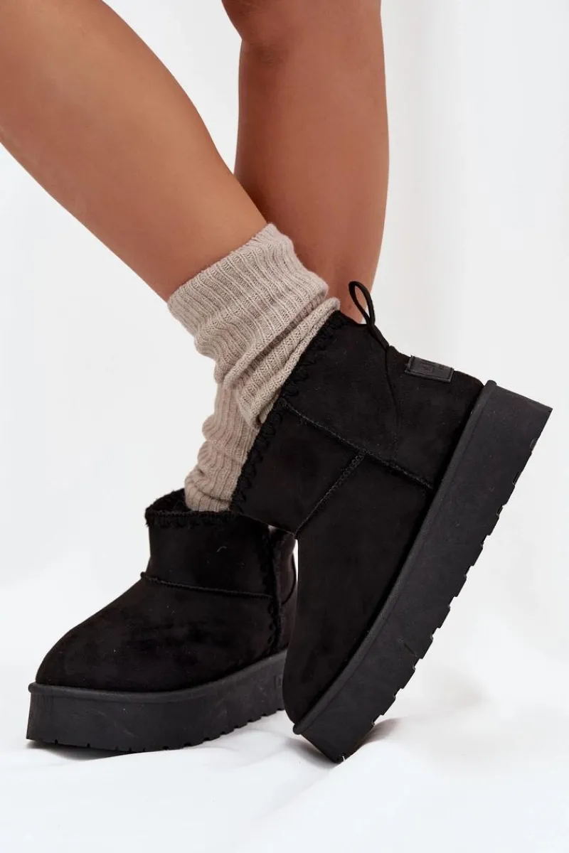 New Śniegowce Damskie Na Platformie Z Przeszyciami Big Star SS274128 Czarne Damskie Śniegowce Damskie