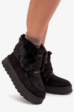 Best Śniegowce Damskie Na Platformie Z Futerkiem I Wiązaniem Big Star SS274113 Czarne Damskie Śniegowce Damskie