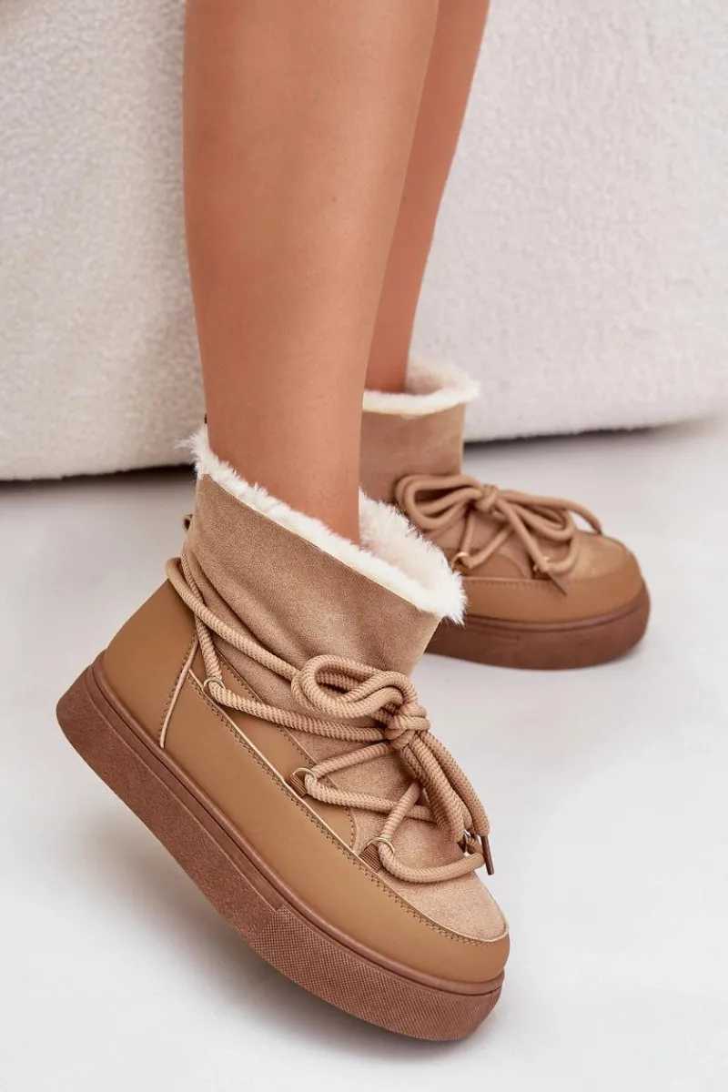 Śniegowce Damskie>Boto Śniegowce Damskie Na Platformie Ocieplane Futerkiem Camel Aziara Brązowy