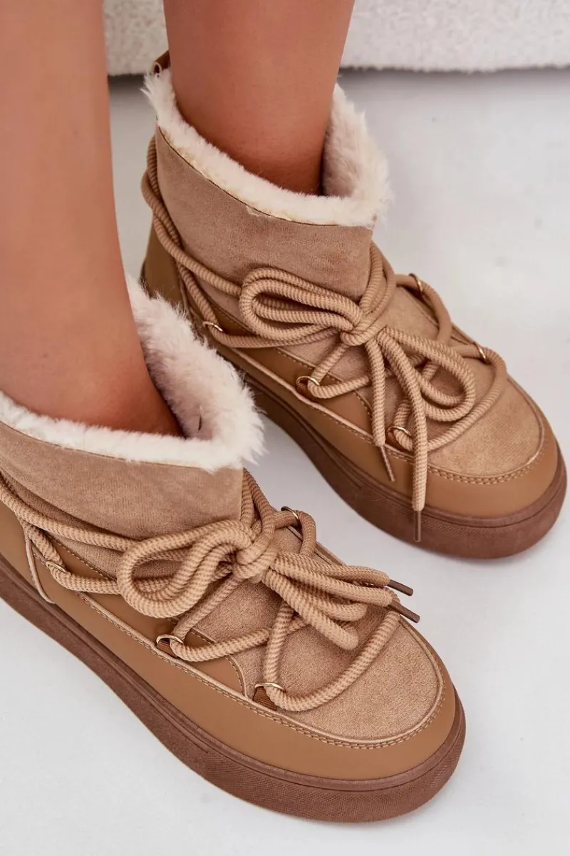 Śniegowce Damskie>Boto Śniegowce Damskie Na Platformie Ocieplane Futerkiem Camel Aziara Brązowy