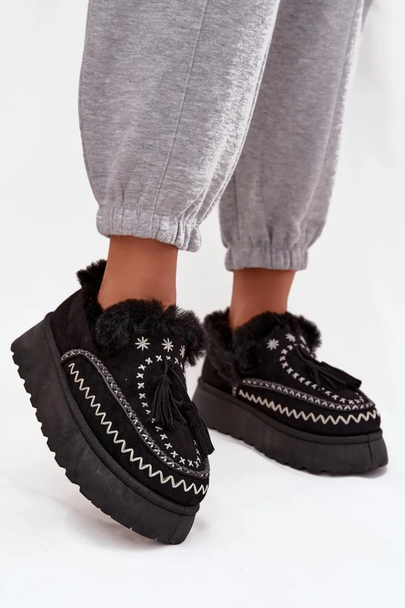 Śniegowce Damskie>Boto Śniegowce Damskie Na Platformie Z Futerkiem I Frędzlami Czarne Ferayne Czarny