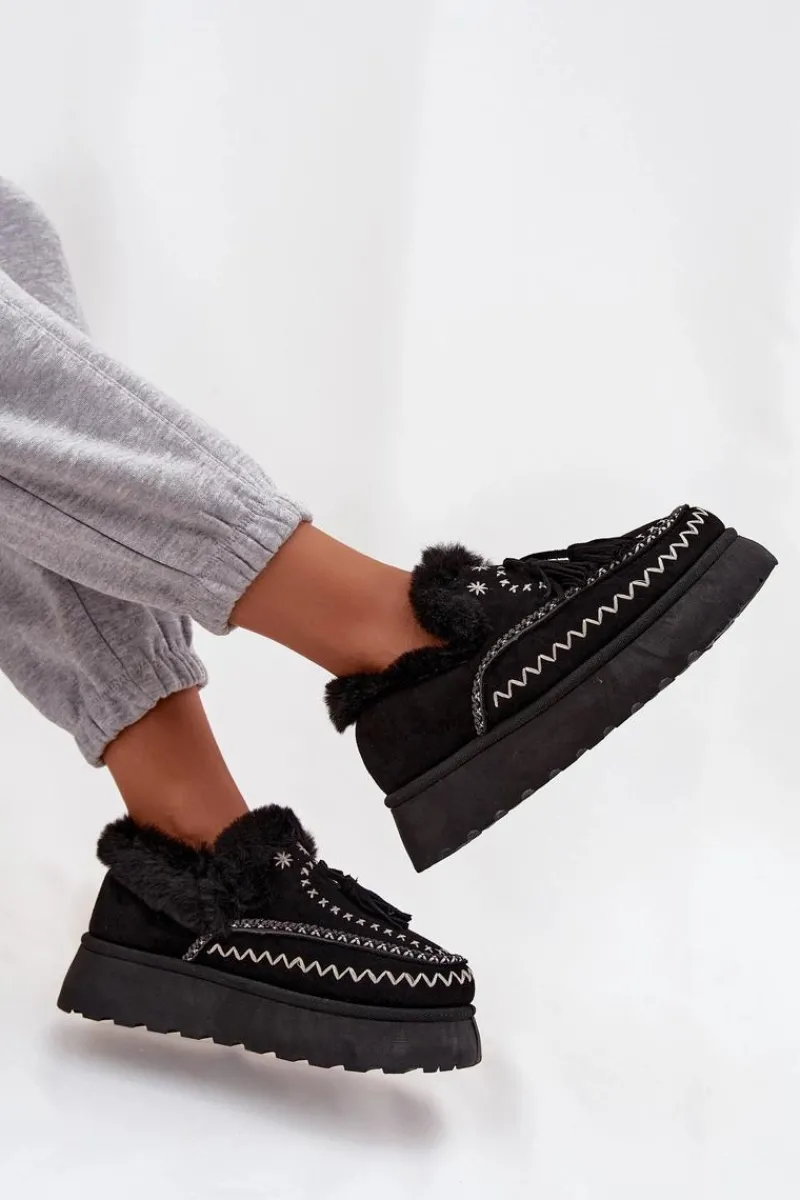 Śniegowce Damskie>Boto Śniegowce Damskie Na Platformie Z Futerkiem I Frędzlami Czarne Ferayne Czarny
