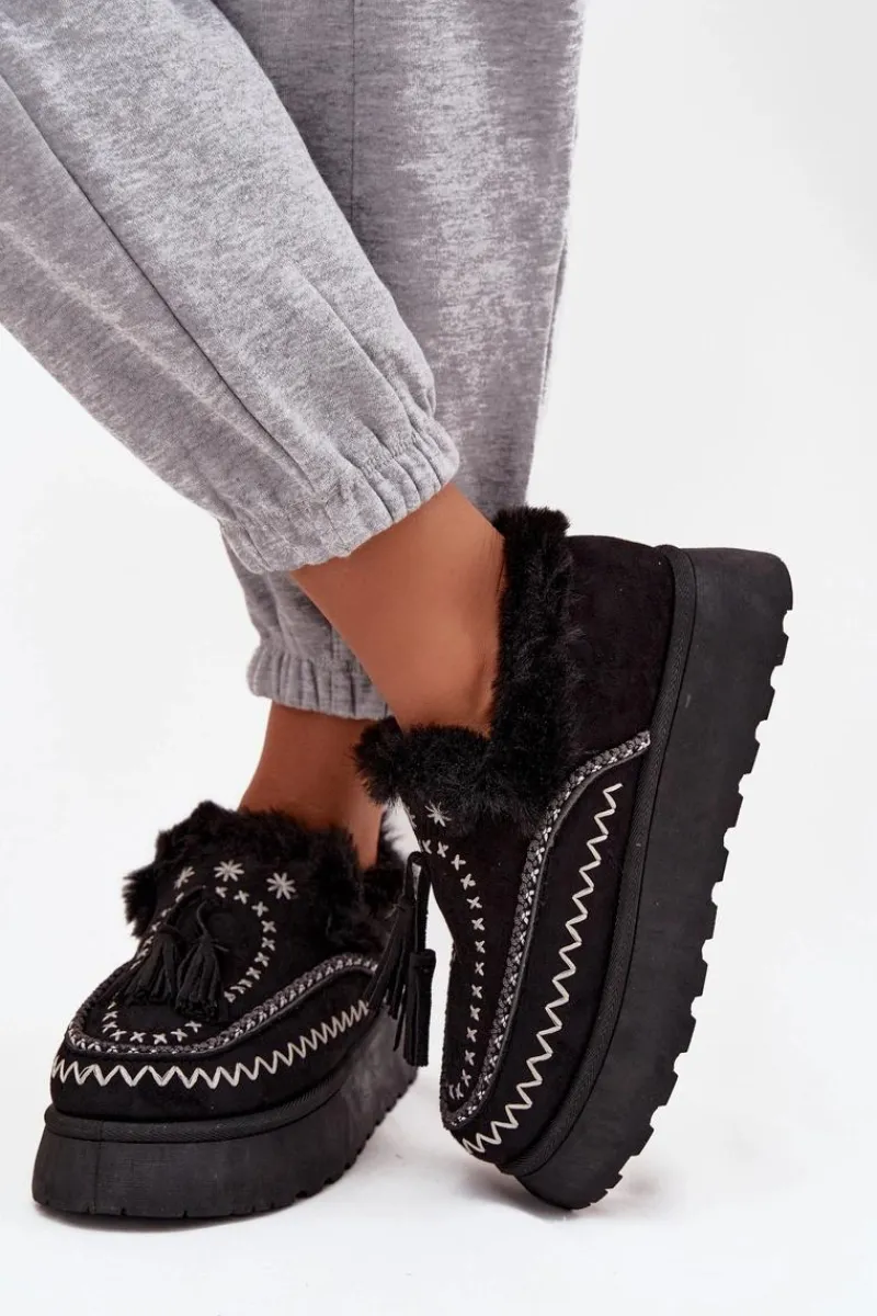 Śniegowce Damskie>Boto Śniegowce Damskie Na Platformie Z Futerkiem I Frędzlami Czarne Ferayne Czarny