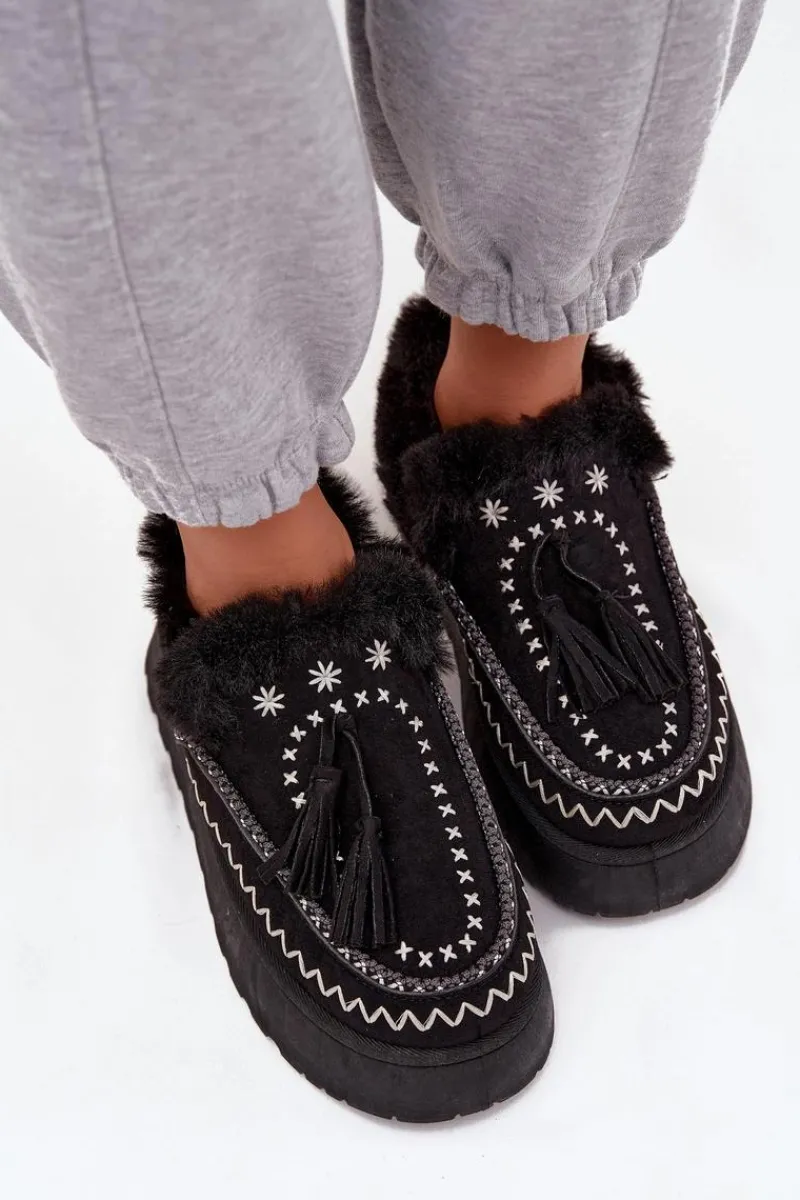 Śniegowce Damskie>Boto Śniegowce Damskie Na Platformie Z Futerkiem I Frędzlami Czarne Ferayne Czarny