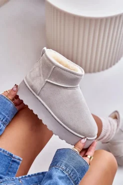 Clearance Boto Śniegowce Damskie Na Platformie Ocieplane Futerkiem Jasnoszare Xamella Szary