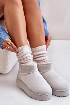 Clearance Boto Śniegowce Damskie Na Platformie Ocieplane Futerkiem Jasnoszare Xamella Szary