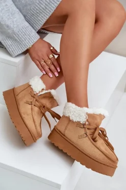 Clearance Boto Śniegowce Damskie Na Platformie Z Futerkiem Typu Branek Camel Ciabellae Brązowy