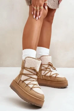 Śniegowce Damskie>Boto Śniegowce Damskie Na Platformie Z Wiązaniem Jasnobrązowe Riaviana