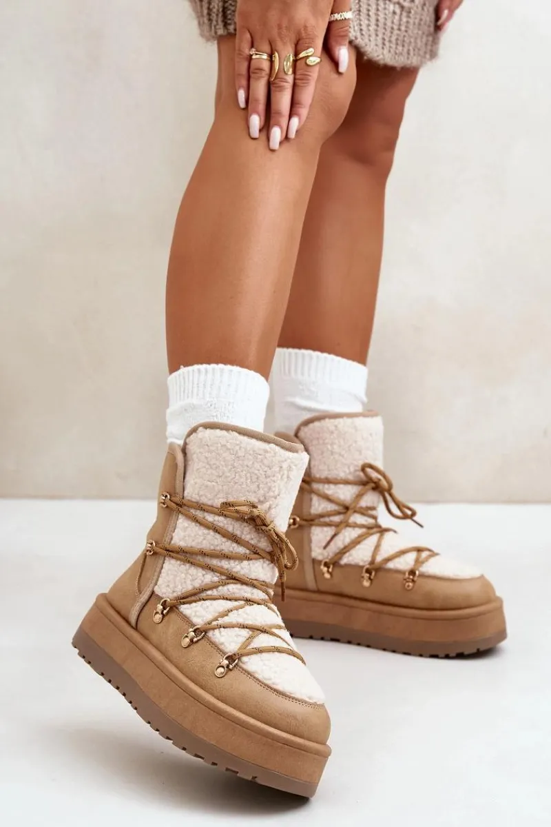 Śniegowce Damskie>Boto Śniegowce Damskie Na Platformie Z Wiązaniem Jasnobrązowe Riaviana