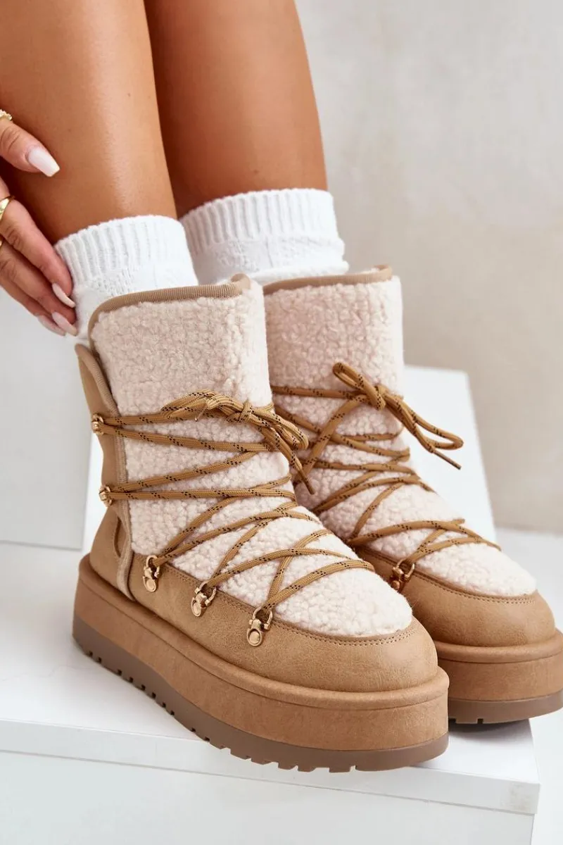 Śniegowce Damskie>Boto Śniegowce Damskie Na Platformie Z Wiązaniem Jasnobrązowe Riaviana