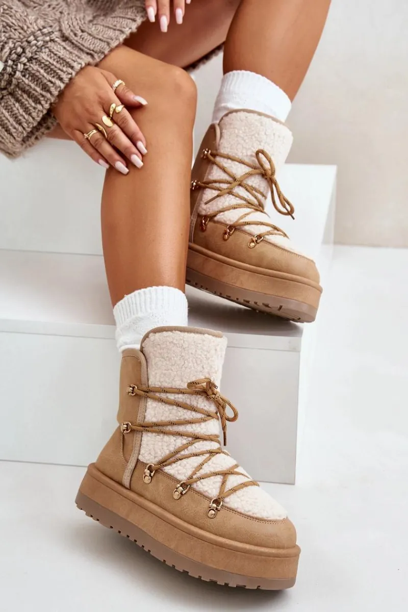 Śniegowce Damskie>Boto Śniegowce Damskie Na Platformie Z Wiązaniem Jasnobrązowe Riaviana