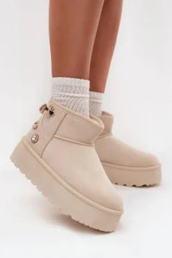 Śniegowce Damskie>Boto Śniegowce Damskie Na Platformie Z Przypinkami Jasnobeżowe Maelle Beżowy