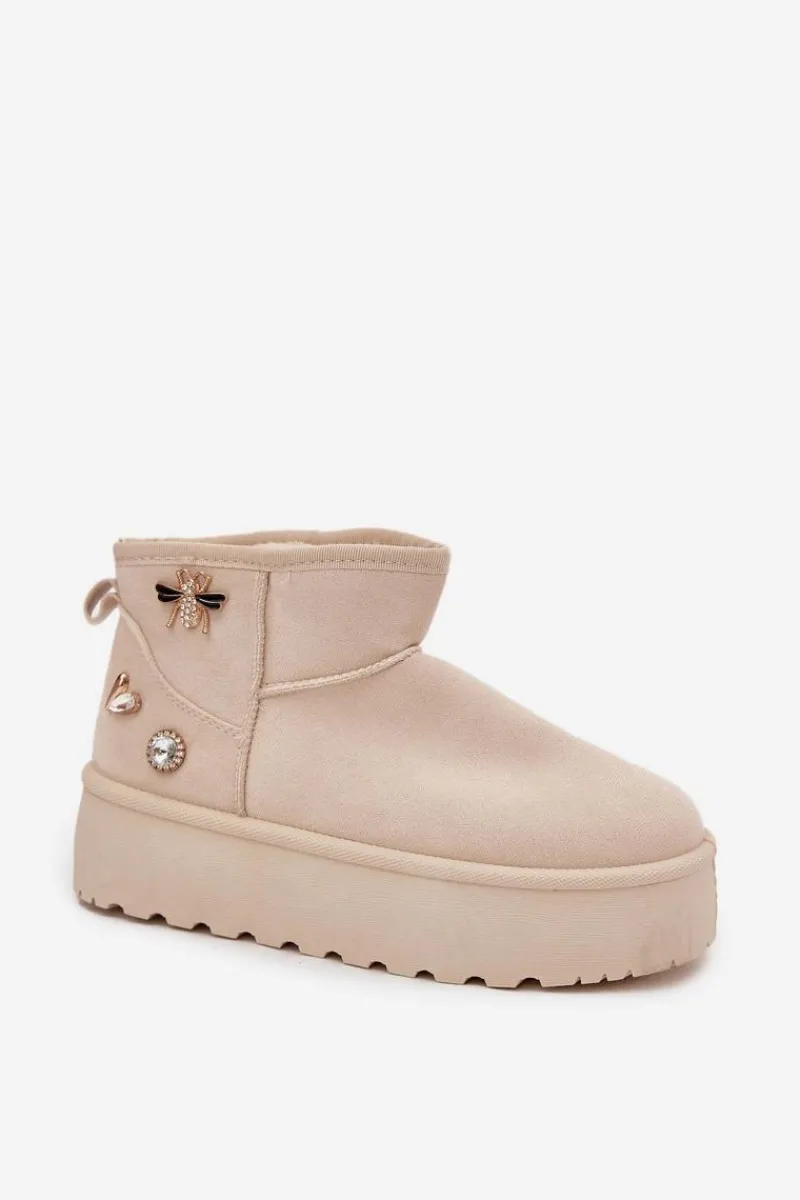 Śniegowce Damskie>Boto Śniegowce Damskie Na Platformie Z Przypinkami Jasnobeżowe Maelle Beżowy