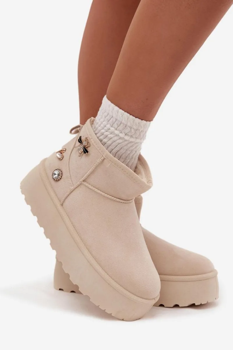 Śniegowce Damskie>Boto Śniegowce Damskie Na Platformie Z Przypinkami Jasnobeżowe Maelle Beżowy