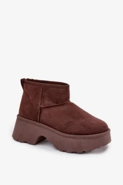 Discount Boto Śniegowce Damskie Niskie Wsuwane Ocieplane Futerkiem Brązowe Mavelle Brązowy