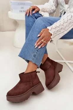 Discount Boto Śniegowce Damskie Niskie Wsuwane Ocieplane Futerkiem Brązowe Mavelle Brązowy