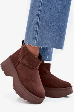 Discount Boto Śniegowce Damskie Niskie Wsuwane Ocieplane Futerkiem Brązowe Mavelle Brązowy