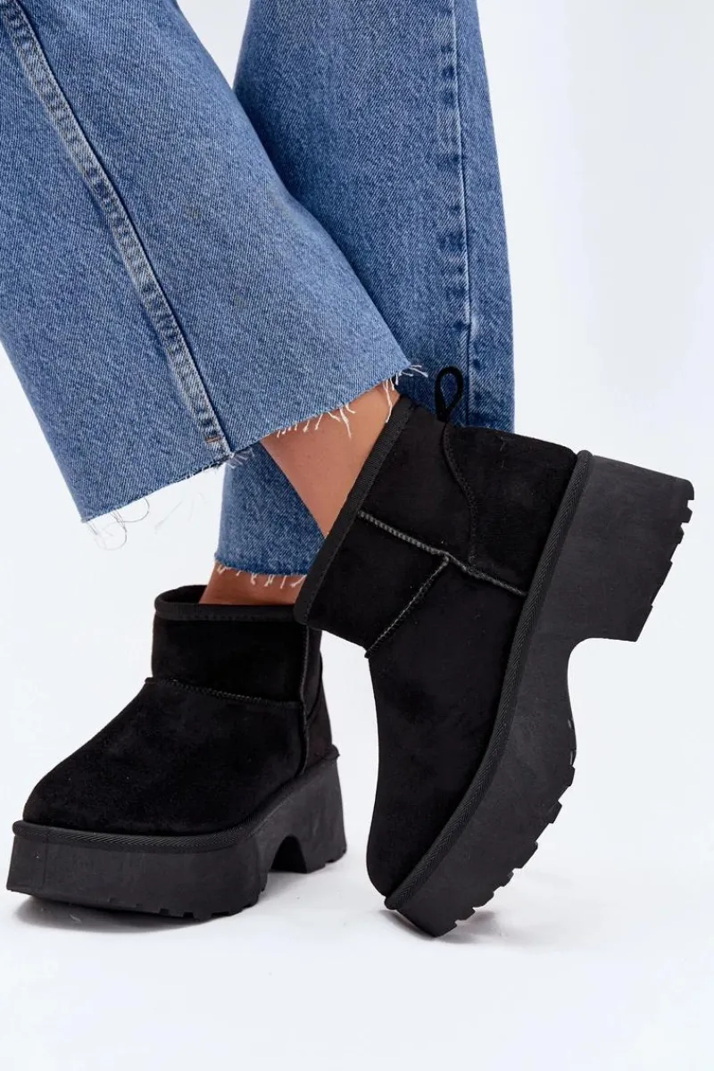 Śniegowce Damskie>Boto Śniegowce Damskie Niskie Wsuwane Ocieplane Futerkiem Czarne Mavelle Czarny