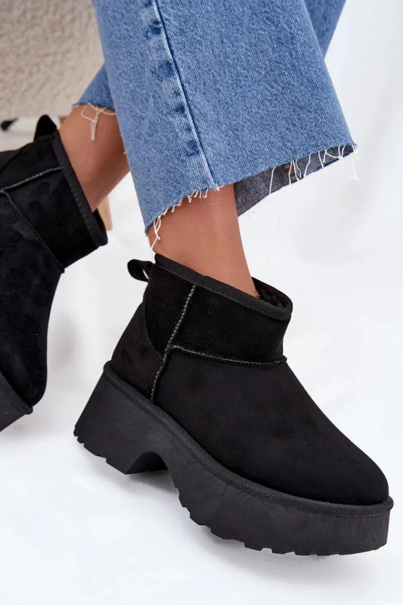 Śniegowce Damskie>Boto Śniegowce Damskie Niskie Wsuwane Ocieplane Futerkiem Czarne Mavelle Czarny