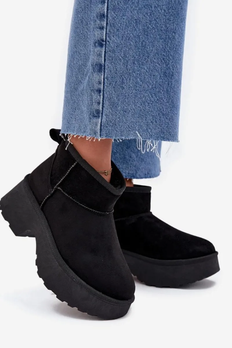 Śniegowce Damskie>Boto Śniegowce Damskie Niskie Wsuwane Ocieplane Futerkiem Czarne Mavelle Czarny