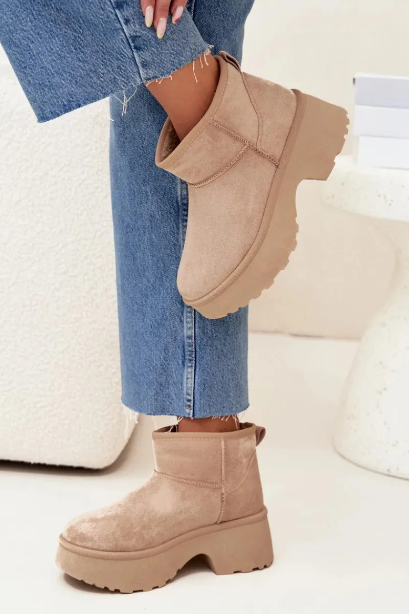 Śniegowce Damskie>Boto Śniegowce Damskie Niskie Wsuwane Ocieplane Futerkiem Khaki Mavelle Beżowy