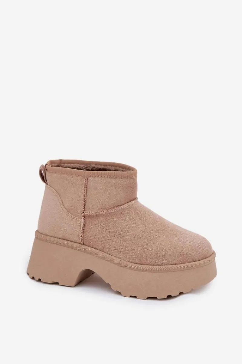Śniegowce Damskie>Boto Śniegowce Damskie Niskie Wsuwane Ocieplane Futerkiem Khaki Mavelle Beżowy