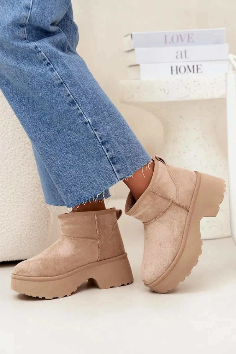 Śniegowce Damskie>Boto Śniegowce Damskie Niskie Wsuwane Ocieplane Futerkiem Khaki Mavelle Beżowy