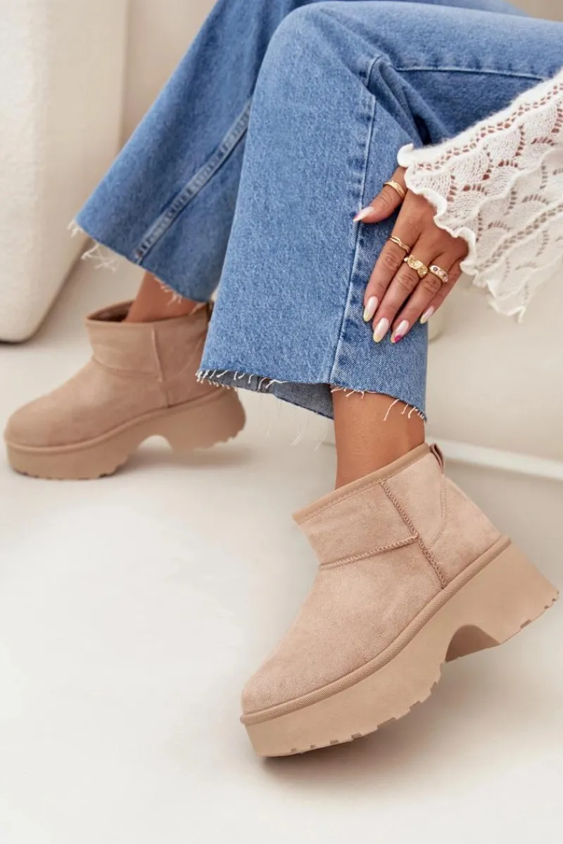 Śniegowce Damskie>Boto Śniegowce Damskie Niskie Wsuwane Ocieplane Futerkiem Khaki Mavelle Beżowy