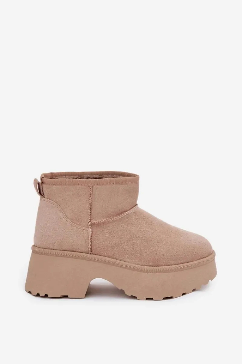 Śniegowce Damskie>Boto Śniegowce Damskie Niskie Wsuwane Ocieplane Futerkiem Khaki Mavelle Beżowy