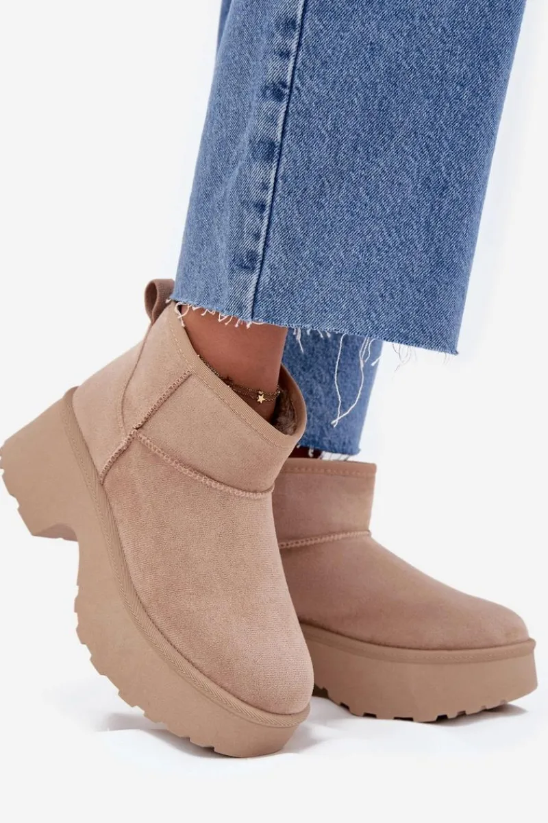 Śniegowce Damskie>Boto Śniegowce Damskie Niskie Wsuwane Ocieplane Futerkiem Khaki Mavelle Beżowy