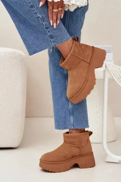 Sale Śniegowce Damskie Niskie Wsuwane Ocieplane Futerkiem Camel Mavelle Damskie Śniegowce Damskie