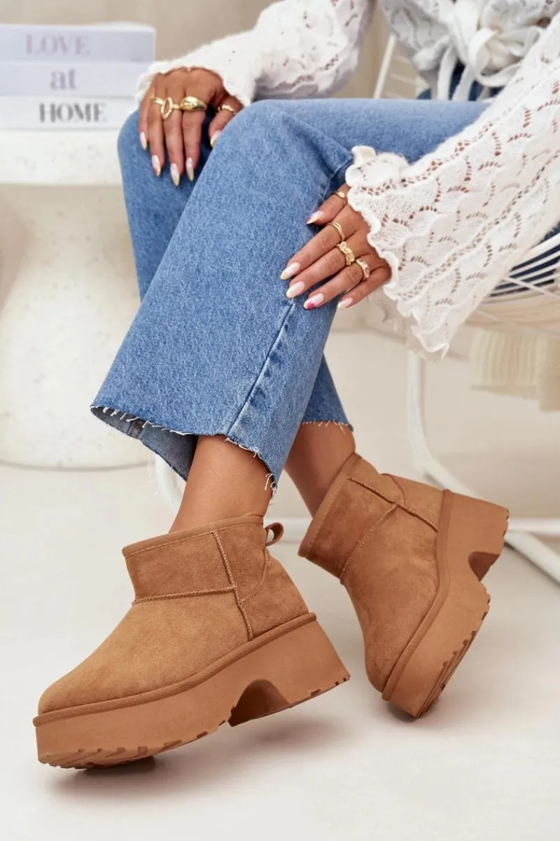 Sale Śniegowce Damskie Niskie Wsuwane Ocieplane Futerkiem Camel Mavelle Damskie Śniegowce Damskie