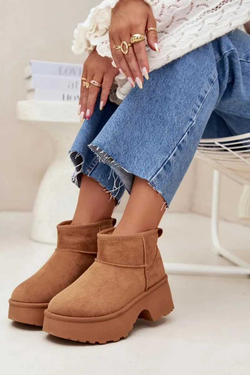 Sale Śniegowce Damskie Niskie Wsuwane Ocieplane Futerkiem Camel Mavelle Damskie Śniegowce Damskie