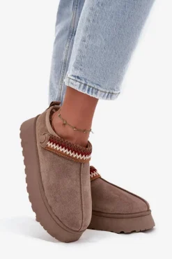 Clearance Boto Śniegowce Damskie Niskie Z Ruchomym Paskiem I Haftem Na Platformie Ciemnobeżowe Lyrisse Beżowy