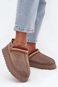 Clearance Boto Śniegowce Damskie Niskie Z Ruchomym Paskiem I Haftem Na Platformie Ciemnobeżowe Lyrisse Beżowy