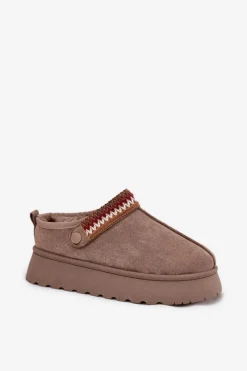 Clearance Boto Śniegowce Damskie Niskie Z Ruchomym Paskiem I Haftem Na Platformie Ciemnobeżowe Lyrisse Beżowy