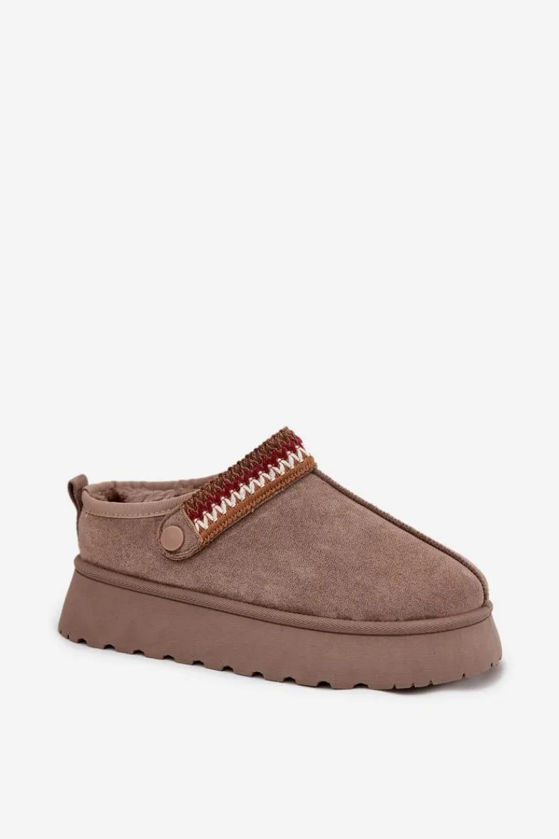 Clearance Boto Śniegowce Damskie Niskie Z Ruchomym Paskiem I Haftem Na Platformie Ciemnobeżowe Lyrisse Beżowy