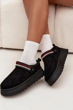 Discount Śniegowce Damskie Niskie Z Ruchomym Paskiem I Haftem Na Platformie Czarne Lyrisse Damskie Śniegowce Damskie|Kapcie Klasyczne