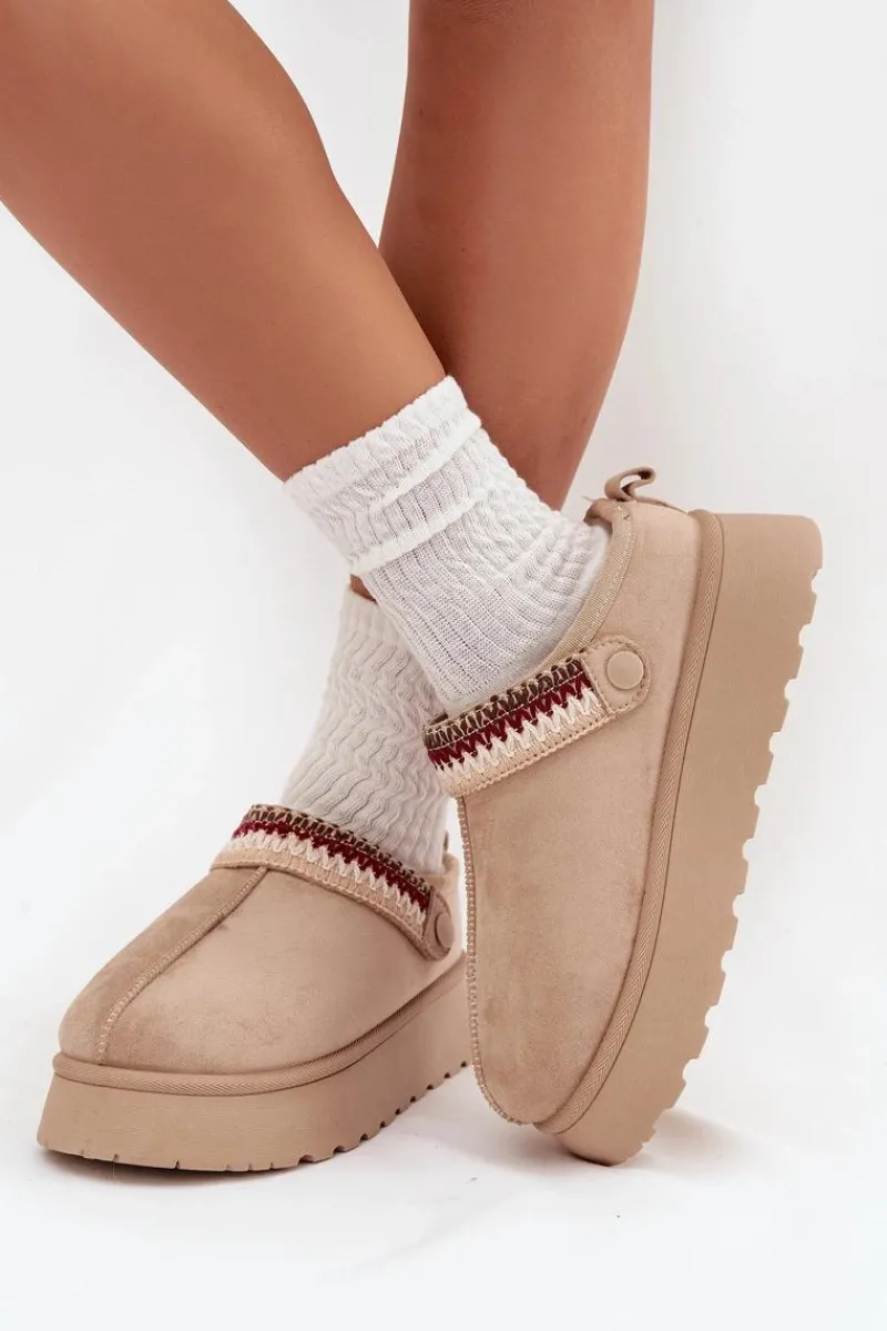 Hot Śniegowce Damskie Niskie Z Ruchomym Paskiem I Haftem Na Platformie Jasnobeżowe Lyrisse Damskie Śniegowce Damskie|Kapcie Klasyczne