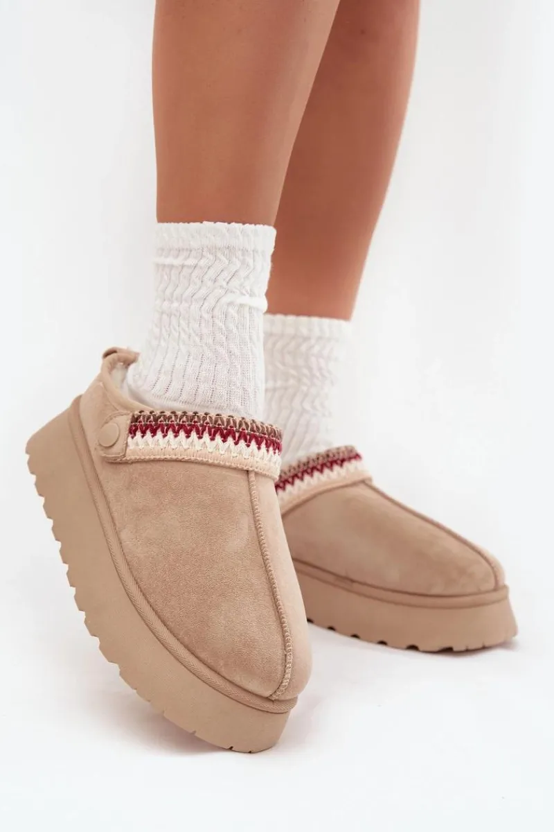 Hot Śniegowce Damskie Niskie Z Ruchomym Paskiem I Haftem Na Platformie Jasnobeżowe Lyrisse Damskie Śniegowce Damskie|Kapcie Klasyczne