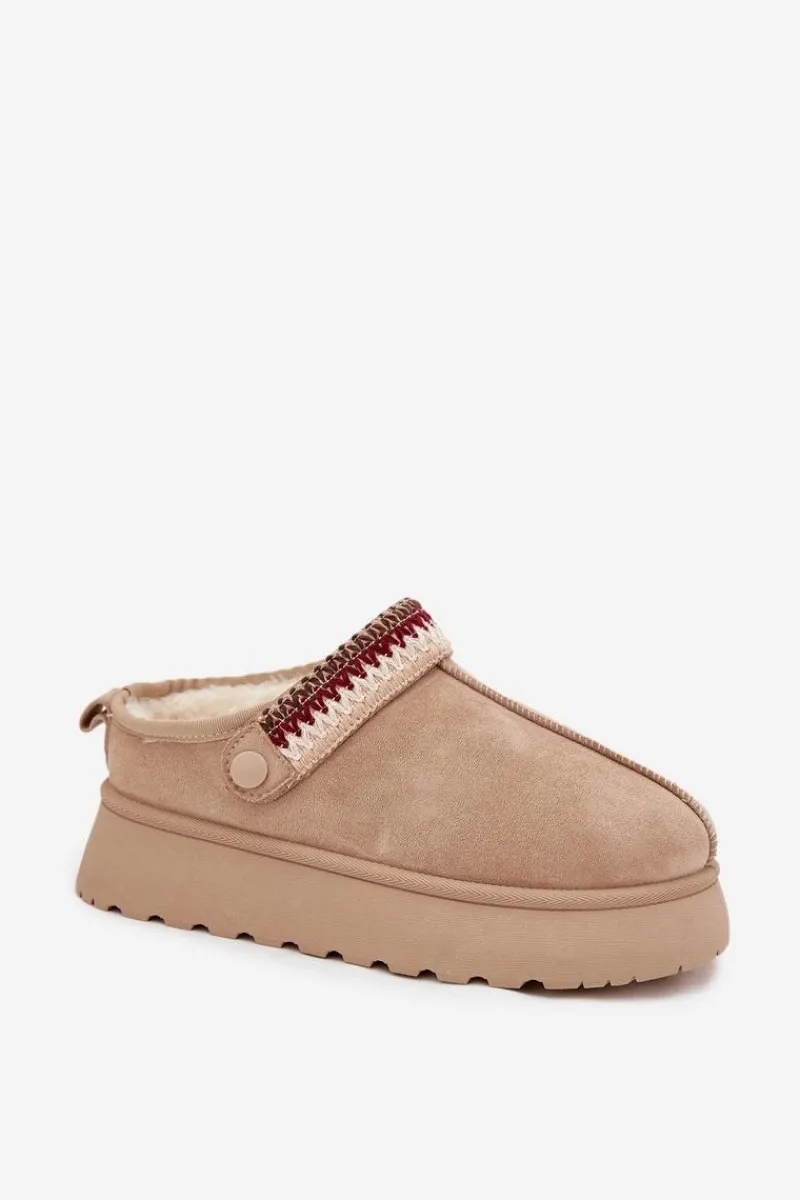 Hot Śniegowce Damskie Niskie Z Ruchomym Paskiem I Haftem Na Platformie Jasnobeżowe Lyrisse Damskie Śniegowce Damskie|Kapcie Klasyczne